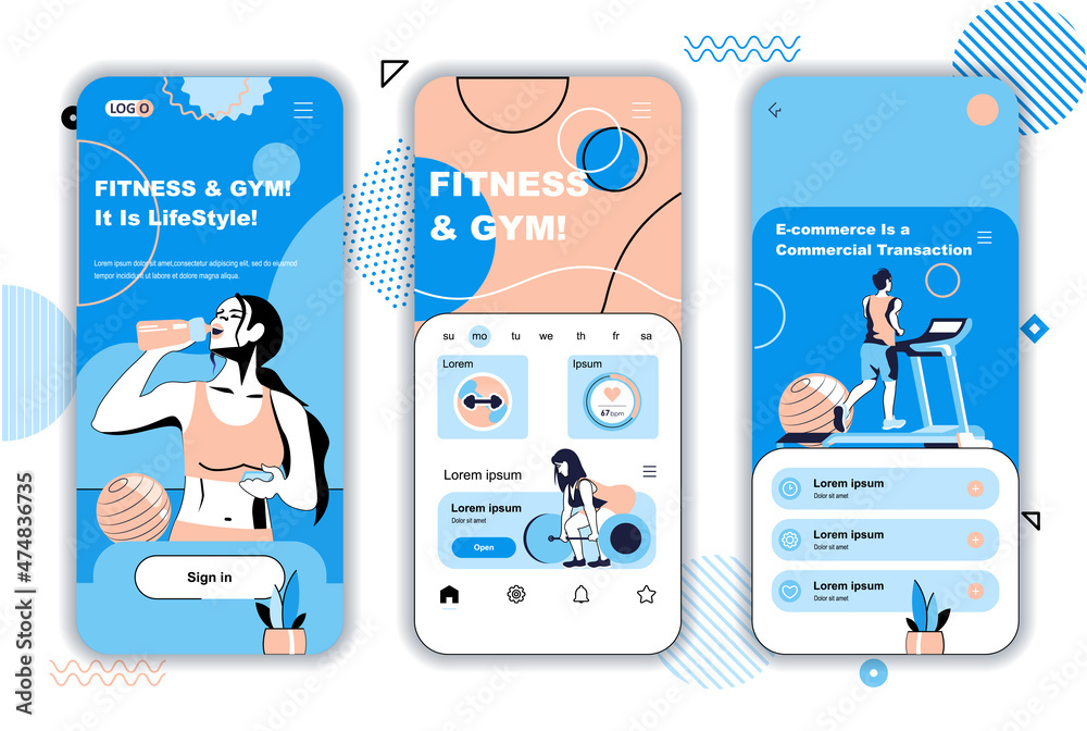 Poster fitness and gym concept onboarding screens for mobile app templates. athletes do exercise and workou