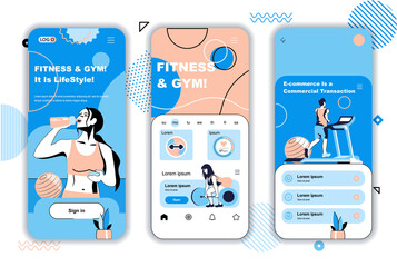 Fitness and gym concept onboarding screens for mobile app templates. Athletes do exercise and workout activity. UI, UX, GUI user interface kit with people scenes for web design. Vector illustration