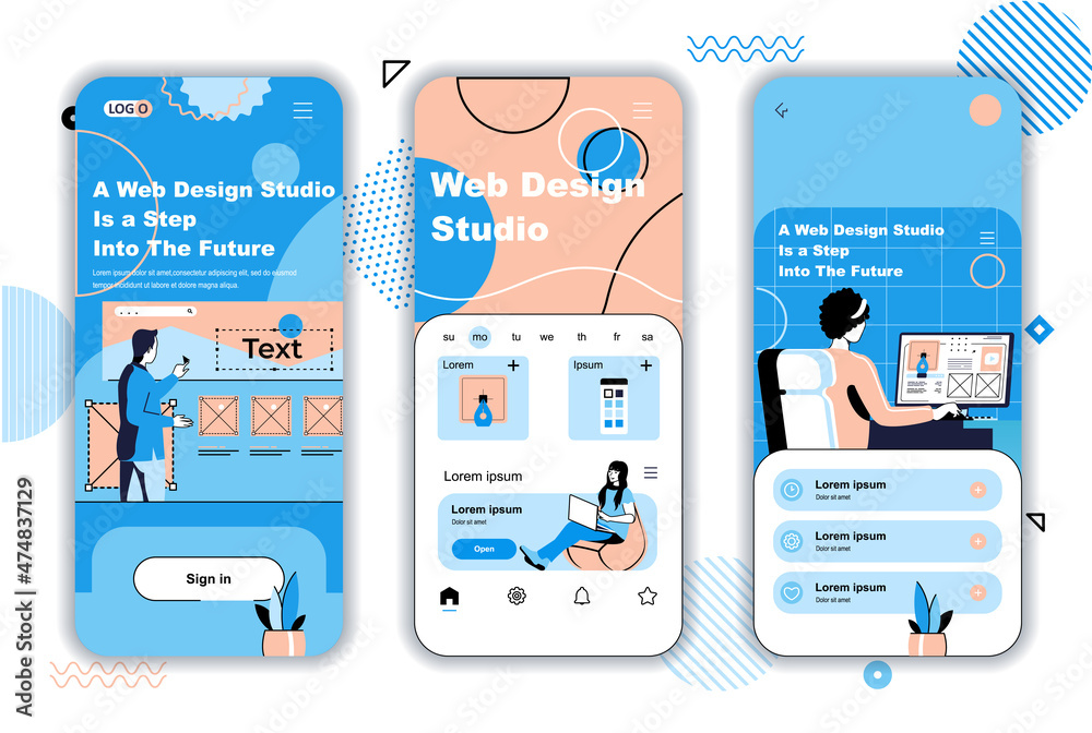 Leinwandbilder Web design studio concept onboarding screens for mobile app templates. Designers drawing elements for layout. UI, UX, GUI user interface kit with people scenes for web design. Vector illustration