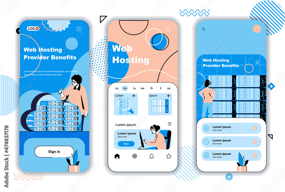 Poster web hosting concept onboarding screens for mobile app templates. data center racks hardware and clou