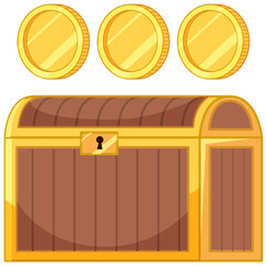 Golden coins with chest on white background