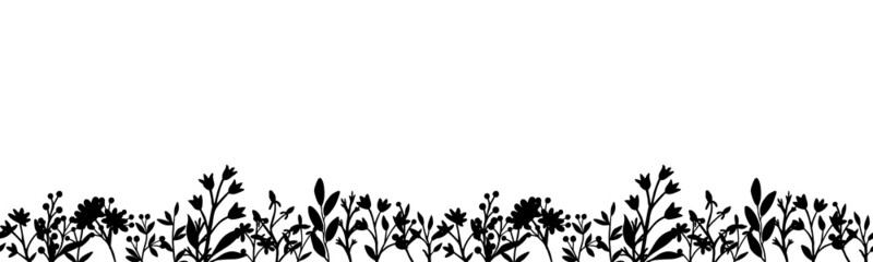 Seamless vector horizontal border of contour black plants. Wildflowers and herbs are hand drawn in ink. Stock illustration isolated on white background. Design for template, label. - obrazy, fototapety, plakaty