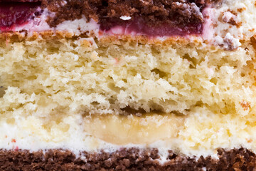 delicious cake made of mixed cakes and strawberry and banana fillings
