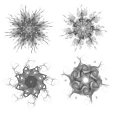 Set of four black snowflakes on a white background. Abstract computer generated fractal image of a snowflake. Illustration, isolate. Use as a stamp or brush