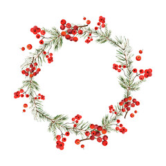 Winter wreath. Rowan berries and spruce twigs. Watercolor illustration.