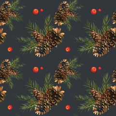 Obraz premium Winter, forest pattern of cones, twigs and rowan berries. Ready-made watercolor illustration for design.
