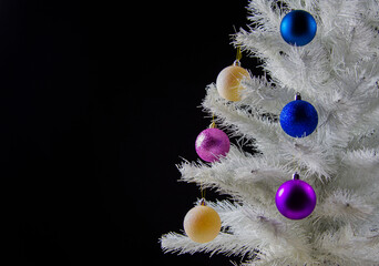 New Year's composition. Christmas composition. White spruce branches and balls