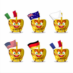 Yellow sugar candy cartoon character bring the flags of various countries