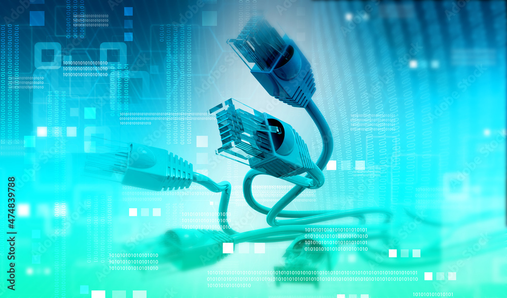 Poster internet cables with binary codes. telecommunications background. 3d illustration.