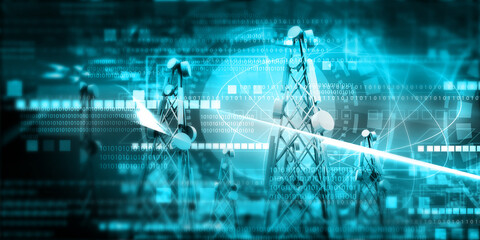 Telecommunication tower antennas on tech background. Mobile network technology. 3d illustration..