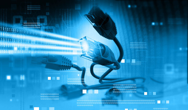 Internet cables with binary codes. Telecommunications background. 3d illustration.