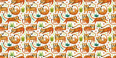 Tigers in rainforest. Big wild cats and tropical plants. Zodiac symbol of the year. Watercolor hand drawn pattern, texture, background, banner. Packaging design.