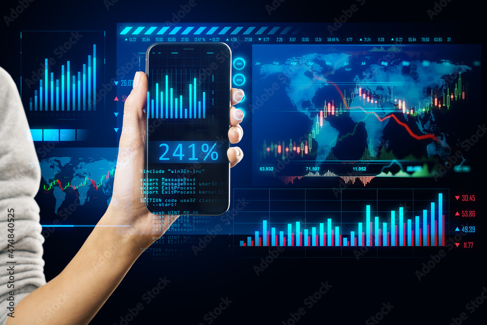Poster close up of hand holding smartphone with glowing forex chart trading interface on blurry background.