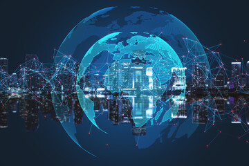 Naklejka na ściany i meble Creative glowing globe with polygonal connections on blurry blue night city background. Big data, futuristic world and business concept.
