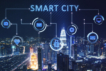 Creative glowing night smart city background with interface and downtown. Technology, innovation...