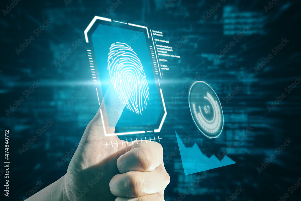Poster close up of hand pointing at creative glowing blue fingerprint scanner interface on dark backdrop. t
