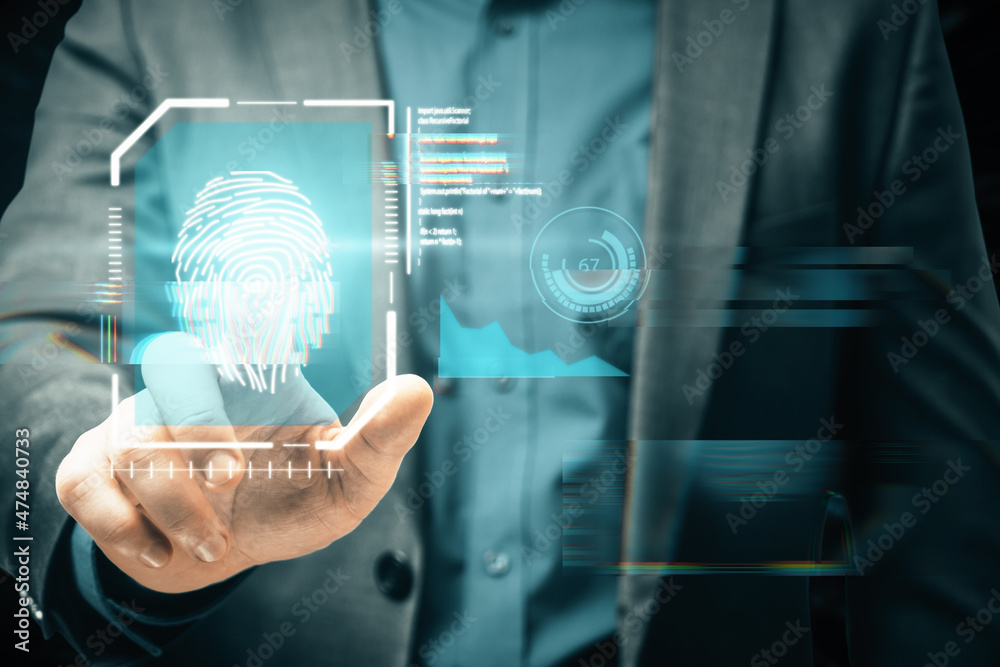 Aufkleber close up of man hand pointing at creative glowing blue fingerprint scanner interface on dark backgro