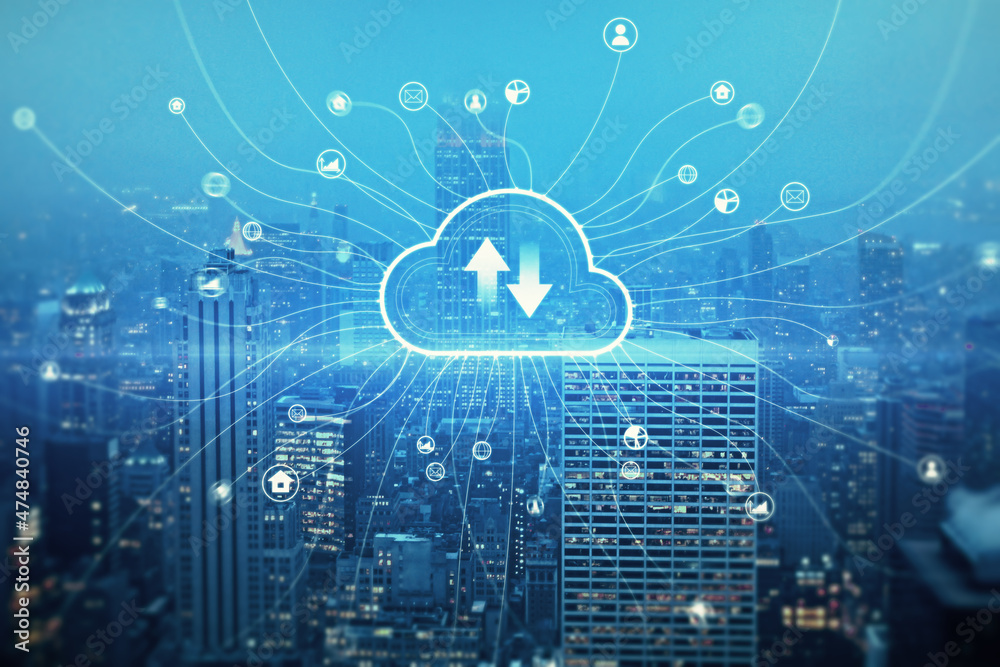 Poster creative glowing cloud hologram on illuminated night city wallpaper. cloud computing and database co