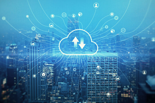 Creative glowing cloud hologram on illuminated night city wallpaper. Cloud computing and database concept. Double exposure.