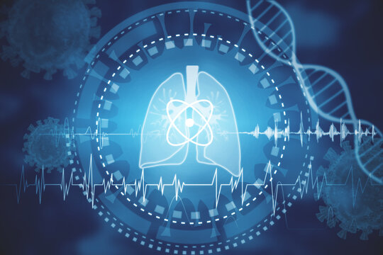 Abstract glowing lung interface with virus outline on dark background. Medicine, pandemic and healthcare concept. 3D Rendering.