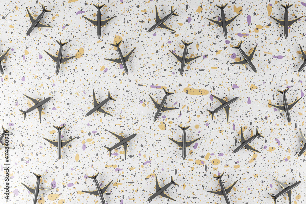 Poster abstract image of gray airplanes on marble background. travel and landing page concept. 3d rendering