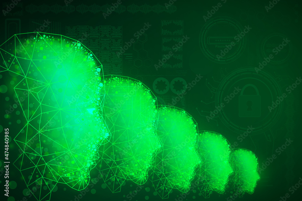 Aufkleber creative gradient green polygonal head outline on dark background. artificial intelligence and machi
