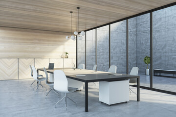 Modern wooden and concrete meeting room interior with panoramic glass windows, table with devices. 3D Rendering.