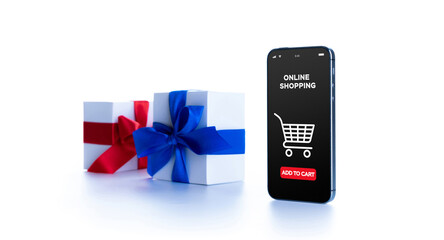 Holiday online shopping. Internet shop application on digital smartphone screen with gift box red ribbon in online shopping composition. Merry Christmas and Happy New Year.