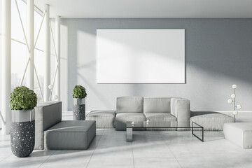 Modern living room or business hall interior with sunlight, window with panoramic city view, furniture and blank white mock up poster on concrete wall. 3D Rendering.