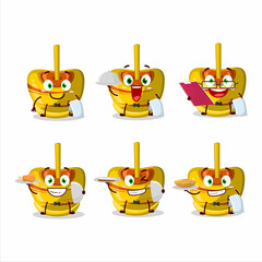 happy yellow sugar candy waiter cartoon character holding a plate