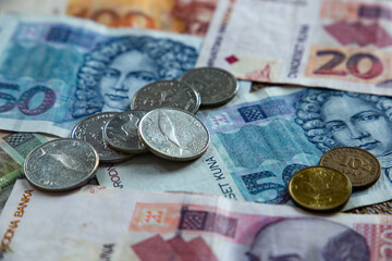 Kuna is the Croatian currency. Banknote and coins. Close-up shot. - obrazy, fototapety, plakaty