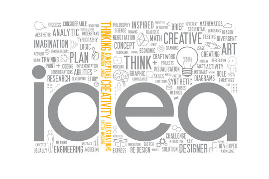 The letter d of word &ldquo;idea&rdquo; was partially omitted and replaced with world cloud about creativity but common sense can make it easy to read. Design for presentation. Vector, illustration.