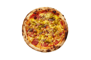 Top view of vegan pizza with soy sausage, pickled jalapeno and mozzarella isolated on white