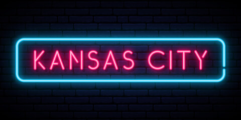Obraz premium Kansas City neon signboard. Bright light banner. Stock vector illustration.
