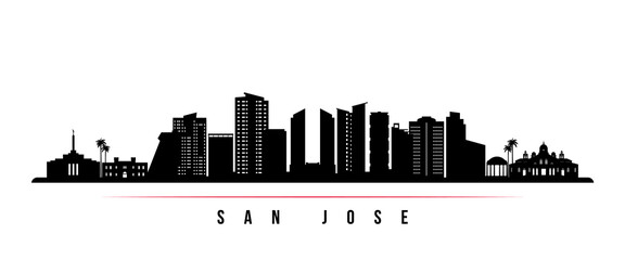 San Jose skyline horizontal banner. Black and white silhouette of San Jose, Costa rica. Vector template for your design. - obrazy, fototapety, plakaty