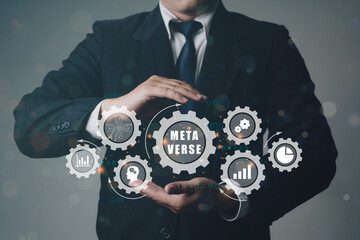 Close up of businessman hand holding to innovation, online communication, metaverse world, concept of futuristic meta technology.