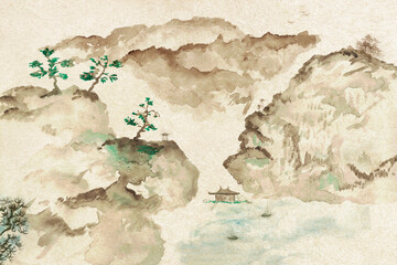 Chinese art. landscape with mountains and houses, watercolor on textured paper