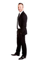 Full lenght of a smiling businessman isolated on white.