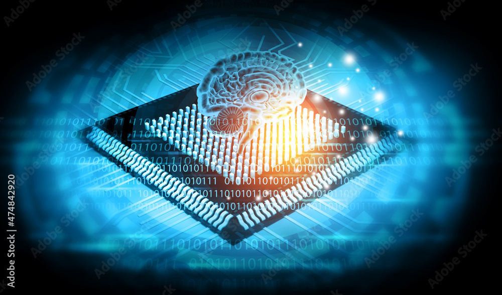 Poster artificial intelligence concept.ai research.ai learning and machine learning..brain made with cpu on