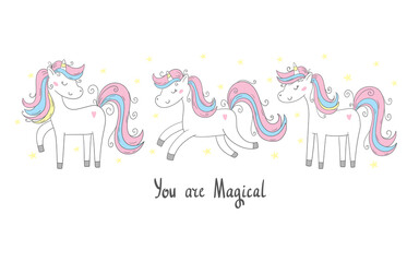 Set of unicorns. Hand drawn vector illustration with a cute funny unicorn in different positions. Design concept for children t shirts, stationery, bags and art prints.
