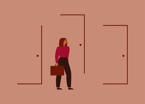 Businesswoman chooses her career path. Unemployed female stands in front of closed doors. Concept of finding right business decisions and employment.  Vector illustration