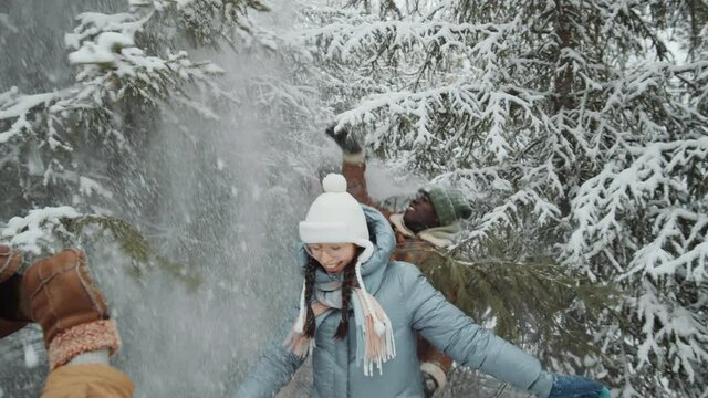 Woman taking picture with phone of happy friends shaking snow off trees in winter forest