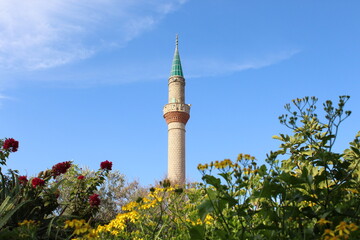A mosque behind the flowers from Izmir, Turkey