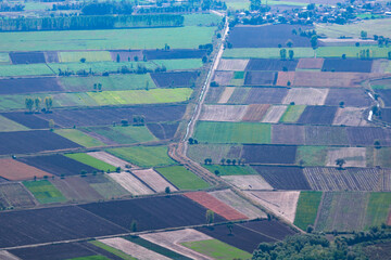 Agricultural fields. Harvested agricultural fields and dirt roads from above