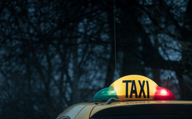 Taxi logo on top of a car with lights on. Dark background with a lot of trees on it. Moody photo....