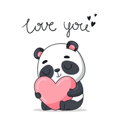 Baby panda hugs a heart. Postcard in cartoon kawaii style. Vector for design, banners, children's books and patterns