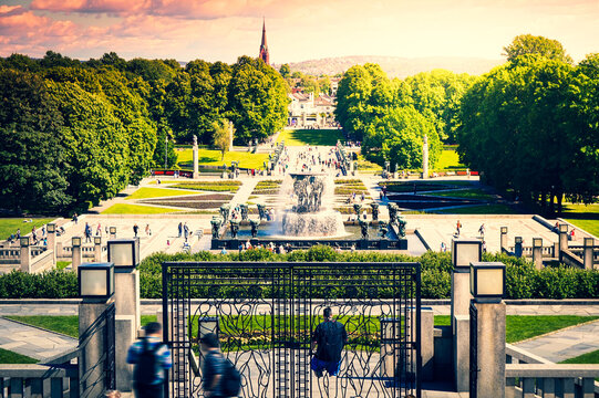 Norway, Oslo, Frogner Park, Gustav Vigeland Sculpture Park, June 12th, 2016 - View at the fountain with stautes and park