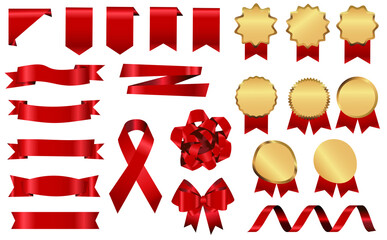 リボン メダル  赤 ゴールド イラスト セット
