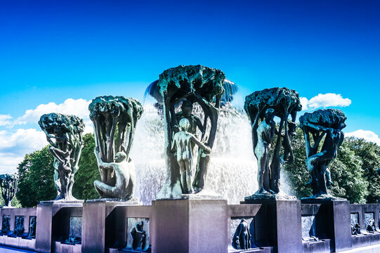 Norway, Oslo, Frogner Park, Gustav Vigeland Sculpture Park, June 12th, 2016 - Fountain With Sculptures Of People And Trees