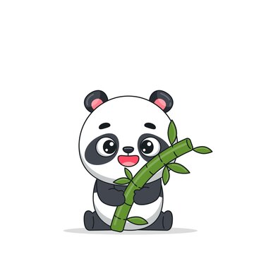 Baby panda sitting, holding a branch with leaves, smiling. Postcard in cartoon kawaii style. Vector for design, banners, children's books and patterns